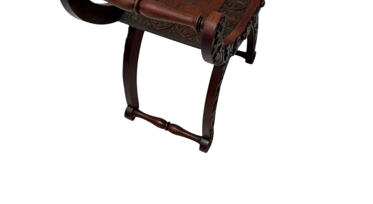 Art Nouveau Walnut Savonarola Hand-Carved Stool, 1900s